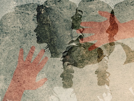 collaged illustration in shades of grey of women's faces in silhouette, with two red hands reaching across from either side attempting to cover their mouths