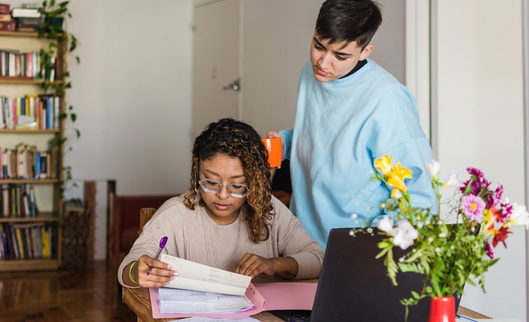 A couple - both feminine-presenting - at a table, one seated, one standing, review financial papers