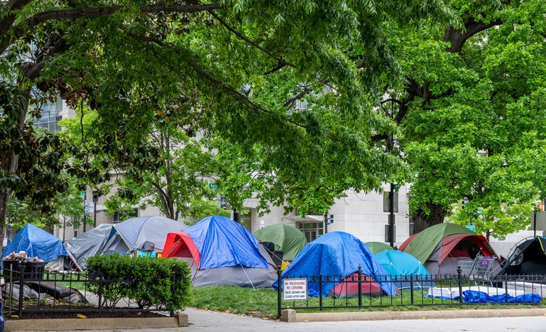 a collection of tents gathered in a city park