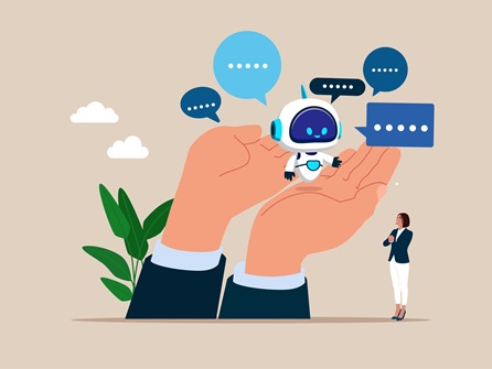 Cartoon illustration of giant hands lifting up an AI Robot that has speech bubbles around it, with a small woman in a business suit looking up at giant hands and AI-bot