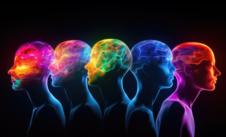 Digital illustration of five human heads with glowing, multicolored neural patterns, symbolizing artificial intelligence or consciousness, on a dark background.