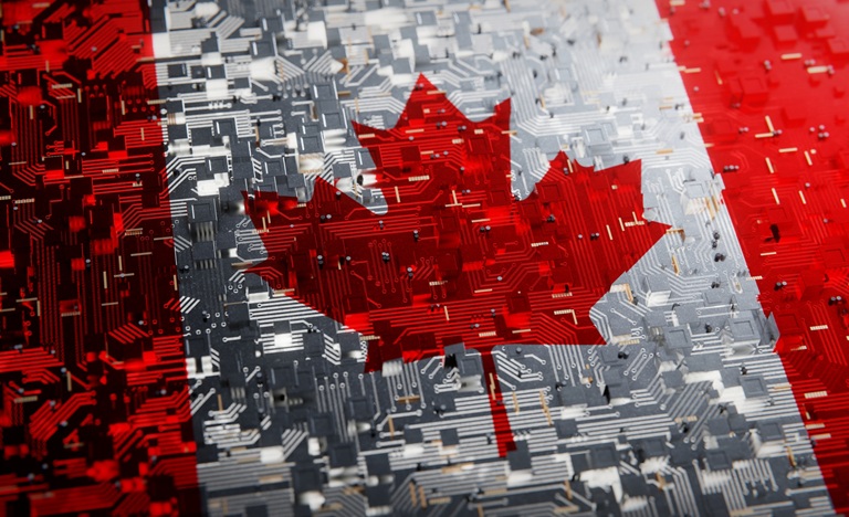 Graphic of a Canadian flag composed of computer circuitry