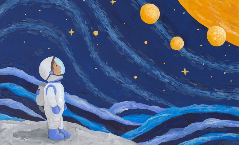illustration of astronaut on planet surface in outerspace, looking toward moon