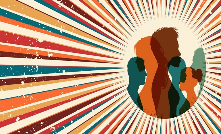 An illustration of a group of racially diverse people gathered together with lines radiating from them like ideas and calls for action