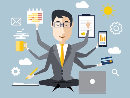 Illustration of a man in a business sitting cross-legged in front of a laptop raising six arms, each holding a different task-focused item (a calendar, a clipboard, a coffee, a pencil, etc).