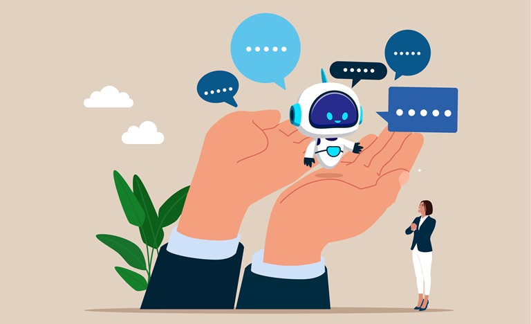 Cartoon illustration of giant hands lifting up an AI Robot that has speech bubbles around it, with a small woman in a business suit looking up at giant hands and AI-bot