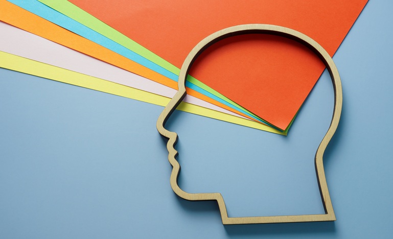 Illustration on a blue background of the outline of a human head in profile overlaid on a fanned out assortment of file folders of different colours