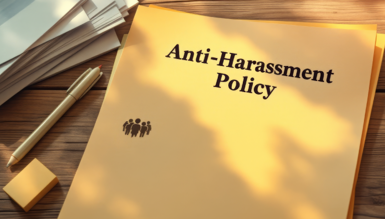 A yellow folder labeled 'Anti-Harassment Policy' on a wooden desk, accompanied by a pen and stack of papers, symbolizing workplace policies and legal compliance against harassment.