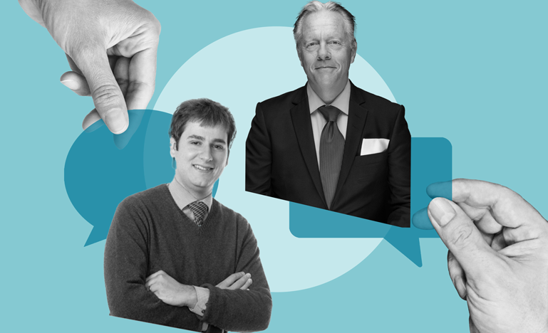 illustration of two speeches bubbles, one coming from the right, one from the left, one with a photo of author Stepahne Serafin over it, and one with a photo of author Michael Bryant over it