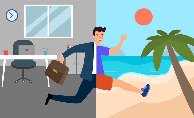 illustration of a man racing from his office, with half his body in a business suit against an office backdrop and the front half in shorts and t-shirt against a beach backdrop