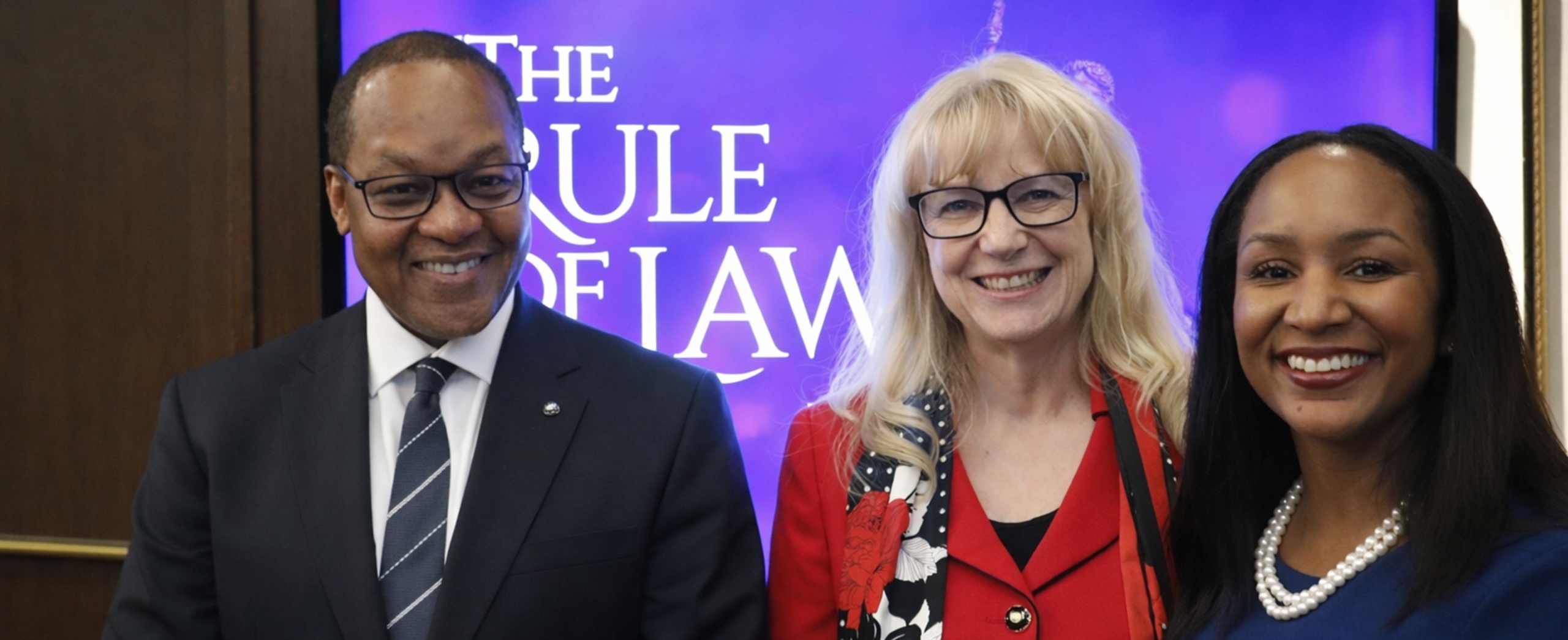 Chief Justice Michael Tulloch, Deputy Judge Lynne Vicars and OBA member Sojourner King (l-r) at a Rule of Law campaign event