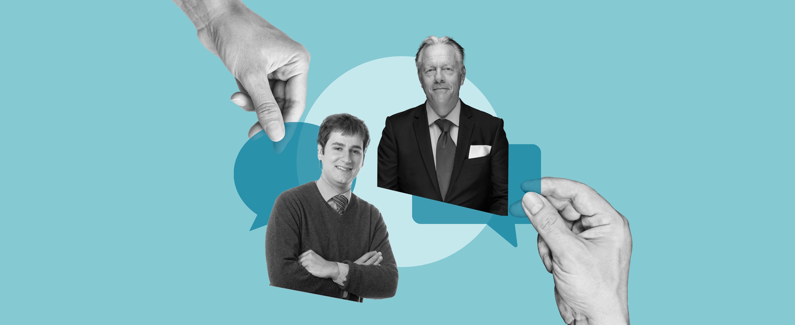 illustration of two speeches bubbles, one coming from the right, one from the left, one with a photo of author Stepahne Serafin over it, and one with a photo of author Michael Bryant over it