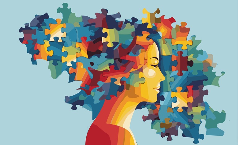 illustration of woman in profile against blue background with different-coloured puzzle pieces emanating from her head