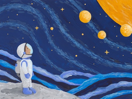 illustration of astronaut on planet surface in outerspace, looking toward moon
