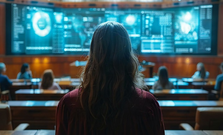Woman standing in a high-tech lecture hall, looking at large digital screens displaying data and graphics.