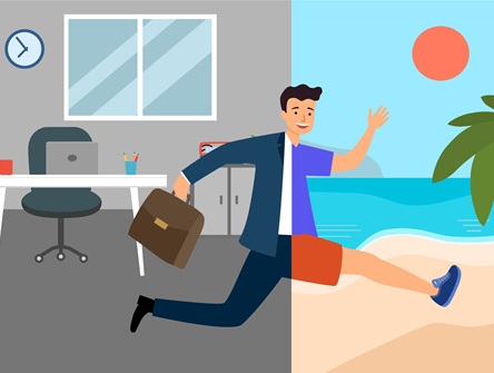 illustration of a man racing from his office, with half his body in a business suit against an office backdrop and the front half in shorts and t-shirt against a beach backdrop